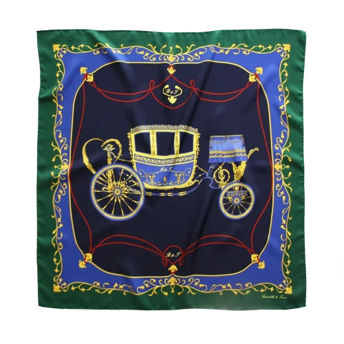 foulard in seta con carrozza imperiale blu navy e bordo verde smeraldo