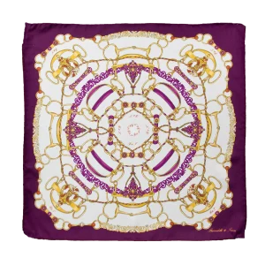 Foulard piccolo in seta con bordo porpora, fondo bianco e motivo catene oro