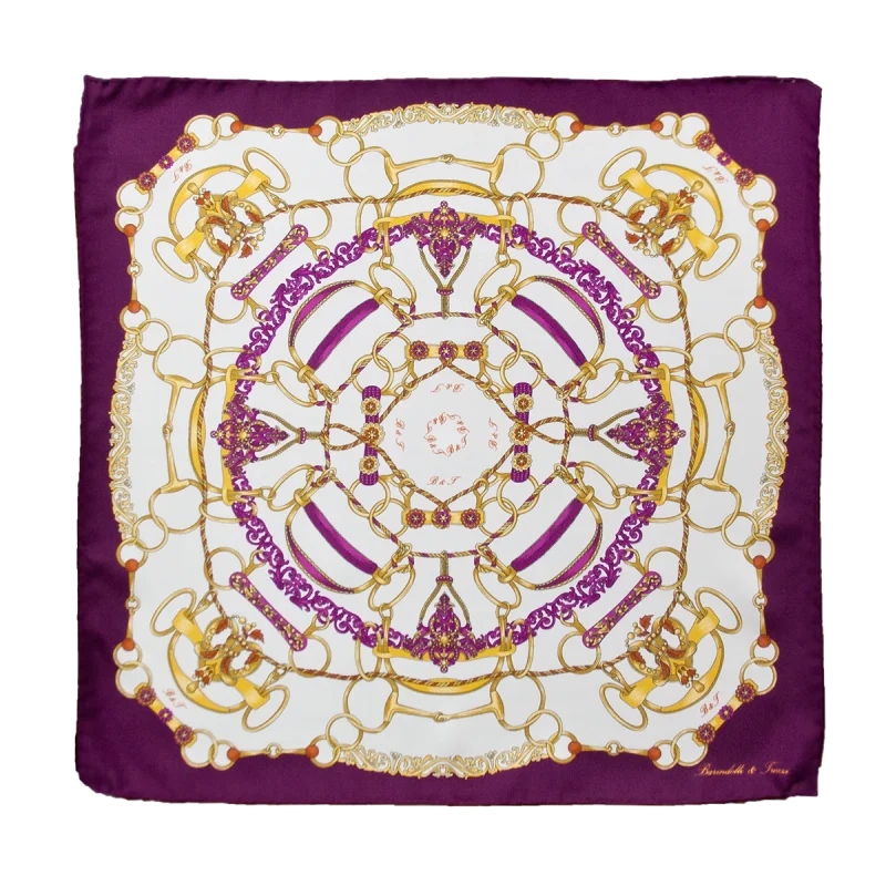 Foulard piccolo in seta con bordo porpora, fondo bianco e motivo catene oro