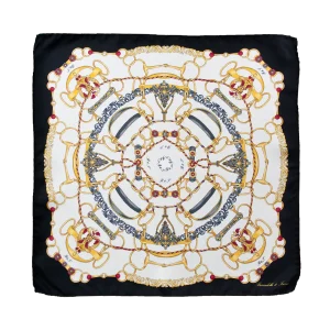 Foulard piccolo in seta con bordo nero, fondo chiaro e fantasia catene classica