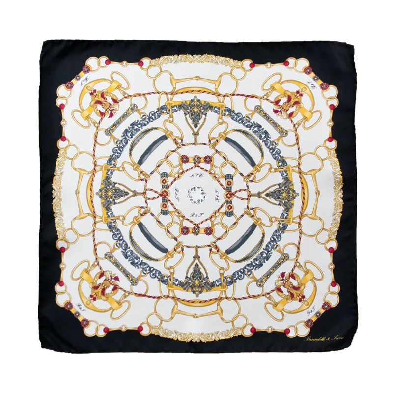 Foulard piccolo in seta con bordo nero, fondo chiaro e fantasia catene classica
