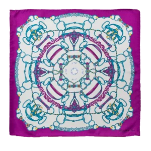 Foulard piccolo in seta con bordo viola, fondo bianco e motivo catene turchese