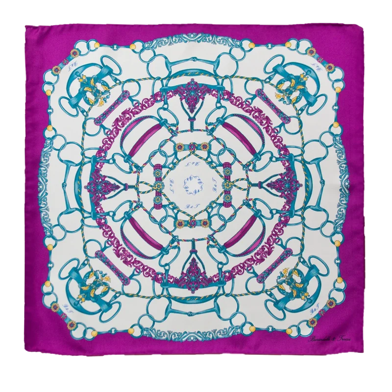 Foulard piccolo in seta con bordo viola, fondo bianco e motivo catene turchese