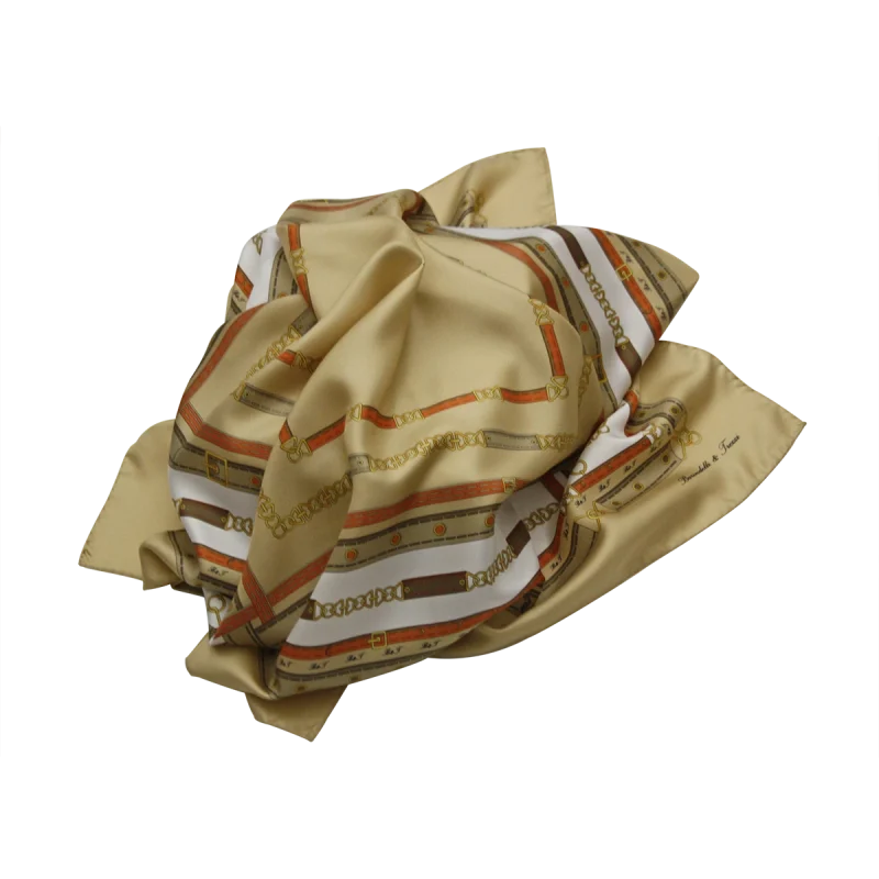 Foulard donna in seta beige dorato con dettagli di cinture e fibbie decorative