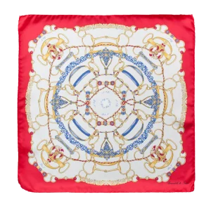 Foulard piccolo in seta bianco con bordo rosso e fantasia a catene e finimenti