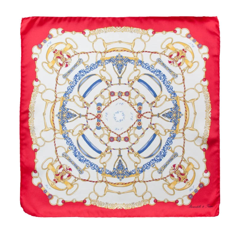 Foulard piccolo in seta bianco con bordo rosso e fantasia a catene e finimenti