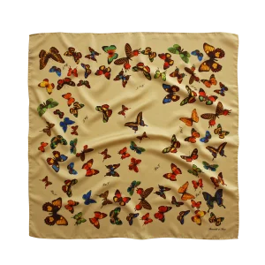 foulard in seta beige sabbia con fantasia farfalle colorate