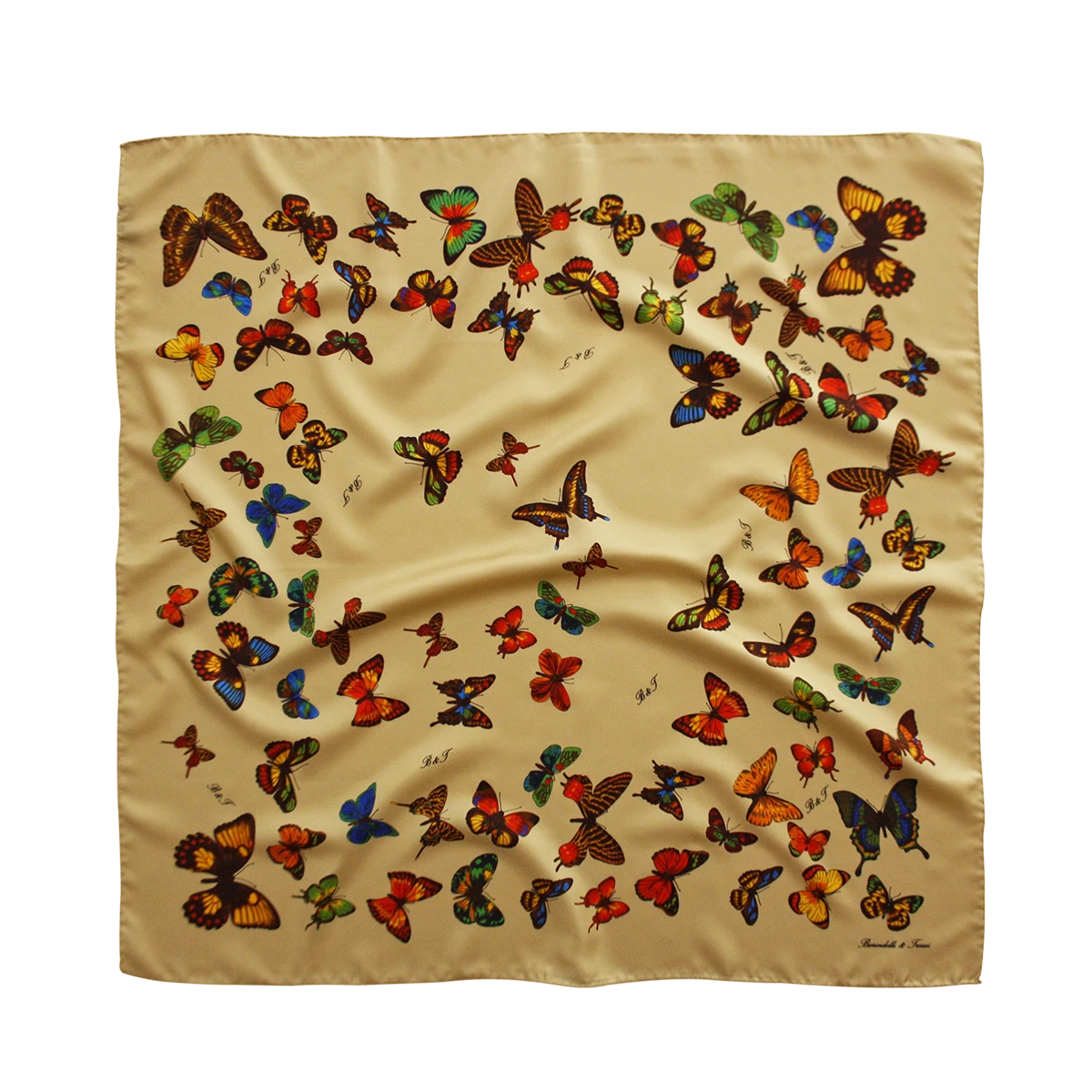 foulard in seta beige sabbia con fantasia farfalle colorate
