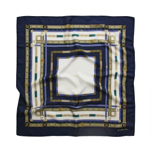 Foulard 90x90 in seta blu navy con fantasia cinture e fibbie