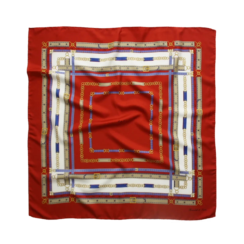 Foulard 90x90 in seta rosso con fantasia cinture e fibbie