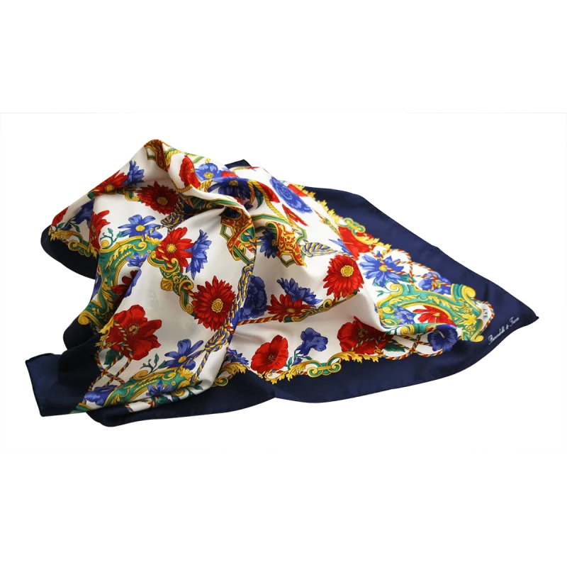 Foulard in Seta Papaveri Blu Navy Drappeggiato FIA04 foulard 90x90 in seta con bordo blu navy papaveri rossi e fiori blu