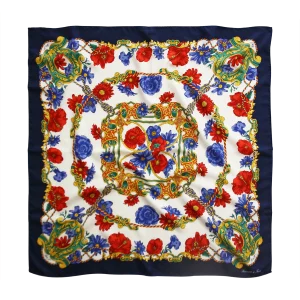 foulard quadrato in seta con bordo blu navy fantasia floreale rossa e blu