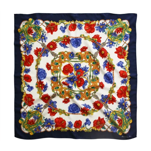 Foulard 90x90 in Seta Fantasia Papaveri Blu Navy FIA04 foulard quadrato in seta con bordo blu navy fantasia floreale rossa e blu