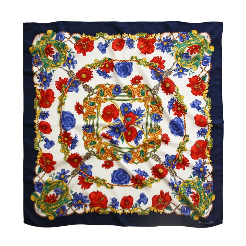 Foulard 90x90 in Seta Fantasia Papaveri Blu Navy FIA04 foulard quadrato in seta con bordo blu navy fantasia floreale rossa e blu