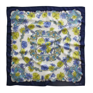 Foulard 90x90 in Seta Papaveri Blu Navy e Verde FIA05 foulard 90x90 in seta con bordo blu navy fantasia floreale blu verde e azzurra