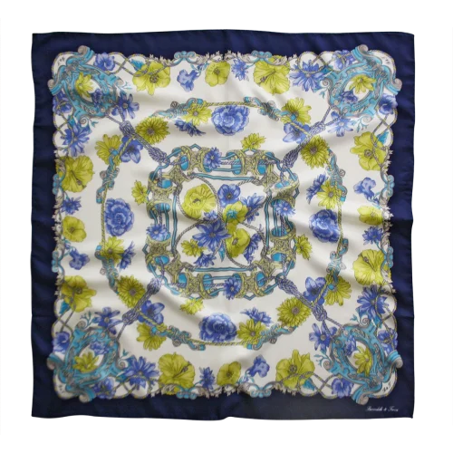 foulard 90x90 in seta con bordo blu navy fantasia floreale blu verde e azzurra