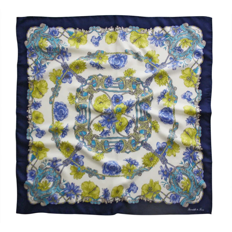 foulard 90x90 in seta con bordo blu navy fantasia floreale blu verde e azzurra