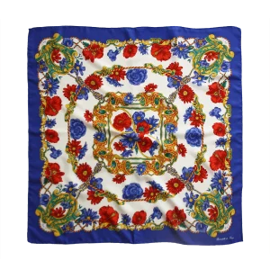 foulard 90x90 in seta con bordo blu royal e fantasia floreale rossa blu e verde