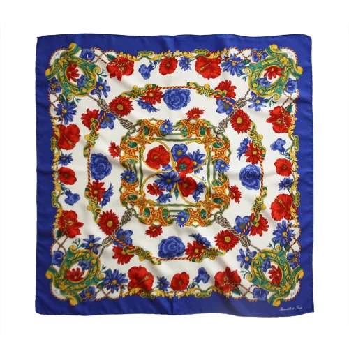 foulard 90x90 in seta con bordo blu royal e fantasia floreale rossa blu e verde