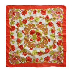 foulard 90x90 in seta con bordo corallo fantasia floreale rossa verde e rosa