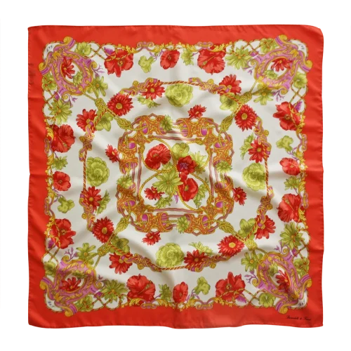 foulard 90x90 in seta con bordo corallo fantasia floreale rossa verde e rosa