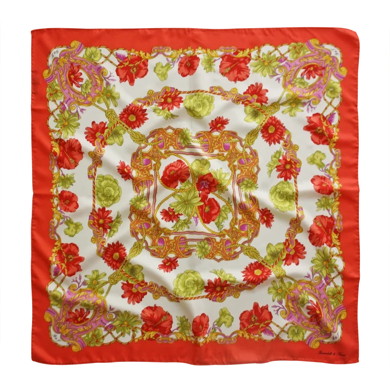 foulard 90x90 in seta con bordo corallo fantasia floreale rossa verde e rosa