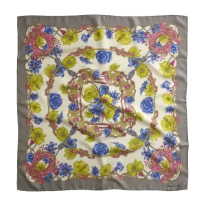 foulard 90x90 in seta con bordo grigio e fantasia floreale blu verde e rosa