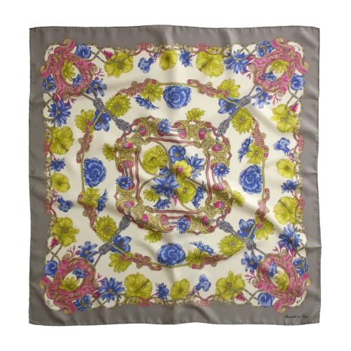 foulard 90x90 in seta con bordo grigio e fantasia floreale blu verde e rosa