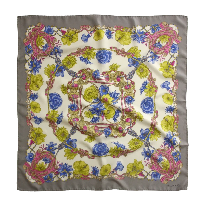 foulard 90x90 in seta con bordo grigio e fantasia floreale blu verde e rosa