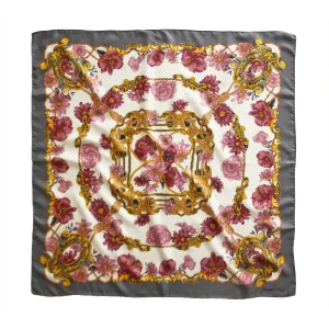 foulard 90x90 in seta con bordo grigio e fantasia floreale rosa e bordeaux