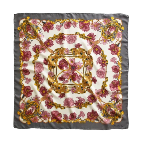 foulard 90x90 in seta con bordo grigio e fantasia floreale rosa e bordeaux