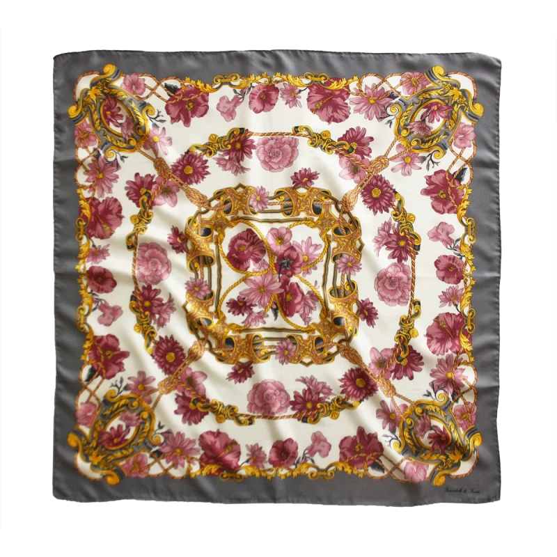 foulard 90x90 in seta con bordo grigio e fantasia floreale rosa e bordeaux