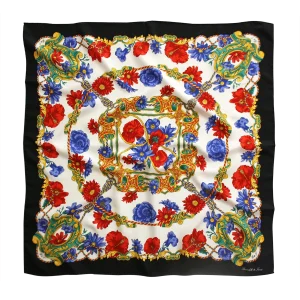 foulard 90x90 in seta con bordo nero papaveri rossi e fiori blu