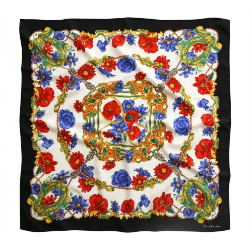 foulard 90x90 in seta con bordo nero papaveri rossi e fiori blu