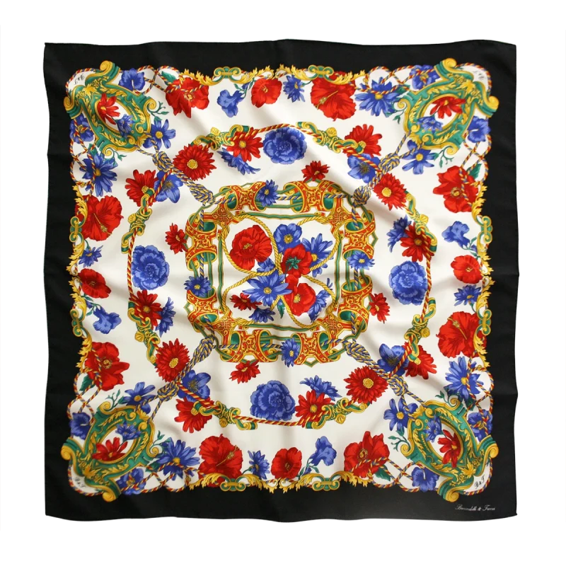 foulard 90x90 in seta con bordo nero papaveri rossi e fiori blu