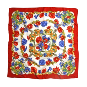 foulard 90x90 in seta con papaveri e fiori blu su fondo chiaro e bordo rosso
