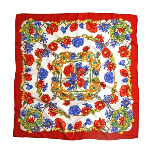 foulard 90x90 in seta con papaveri e fiori blu su fondo chiaro e bordo rosso