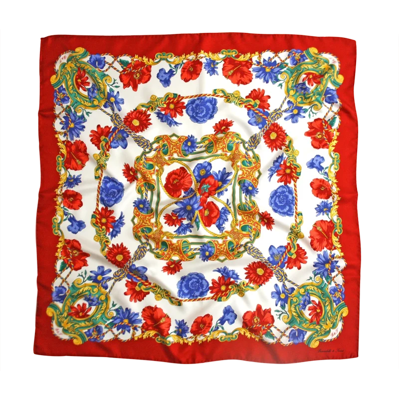 foulard 90x90 in seta con papaveri e fiori blu su fondo chiaro e bordo rosso