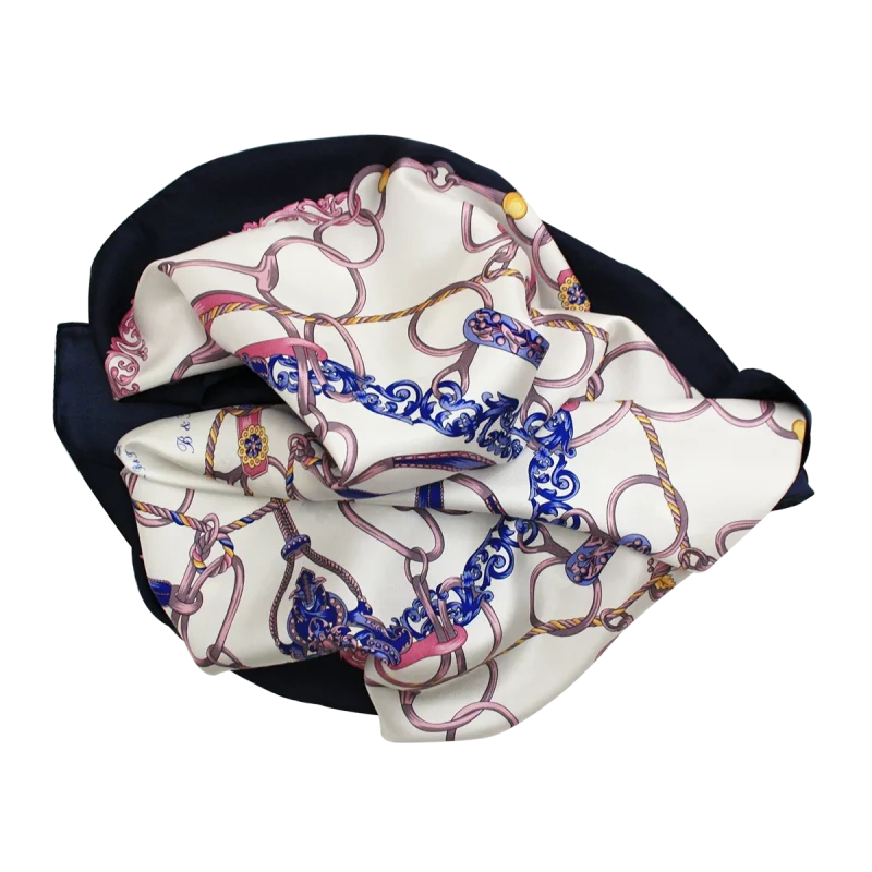 foulard da donna in seta blu navy e rosa con anelli e corde