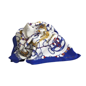 foulard da donna in seta blu royal drappeggiato con fantasia anelli e corde