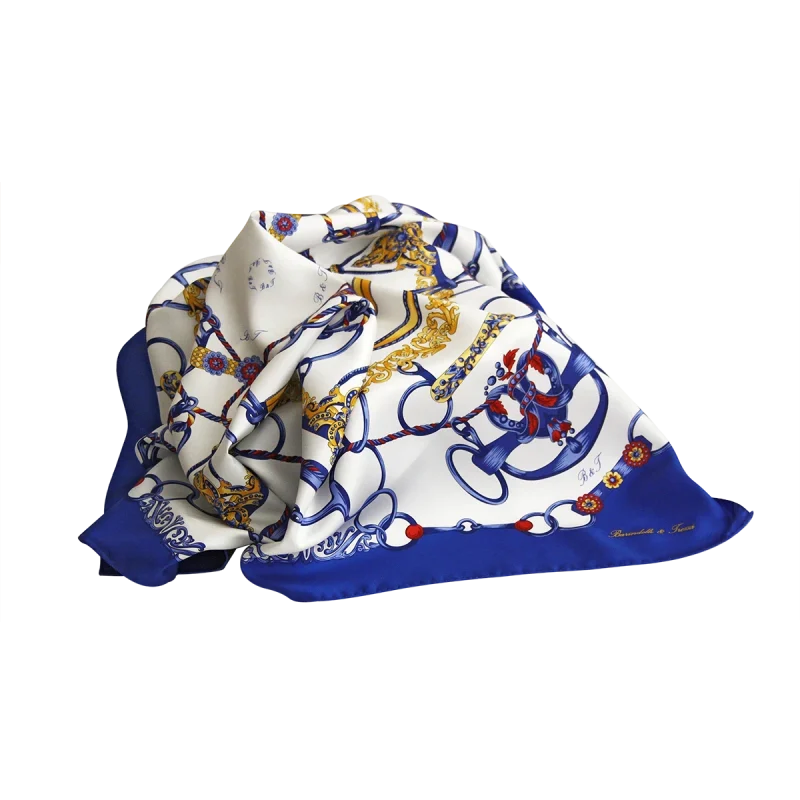 foulard da donna in seta blu royal drappeggiato con fantasia anelli e corde