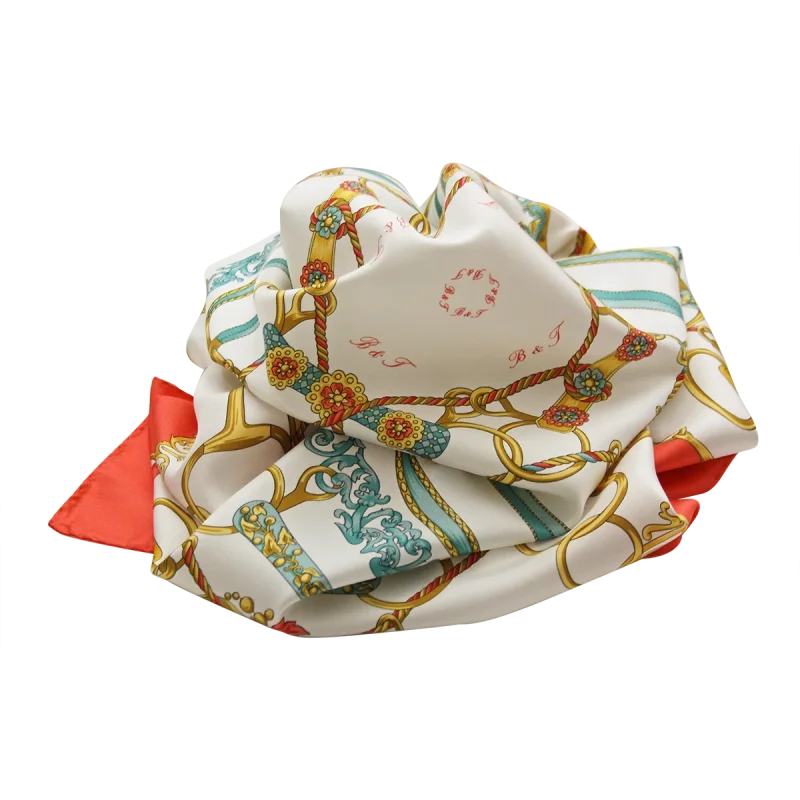 Foulard in Seta Anelli e Corde Corallo Drappeggiato FCB28 foulard da donna in seta corallo drappeggiato con fantasia anelli e corde