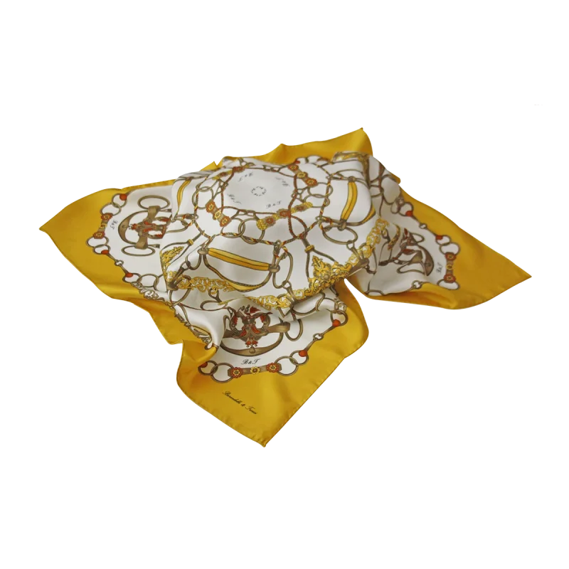 foulard da donna in seta giallo ocra con fantasia anelli e corde