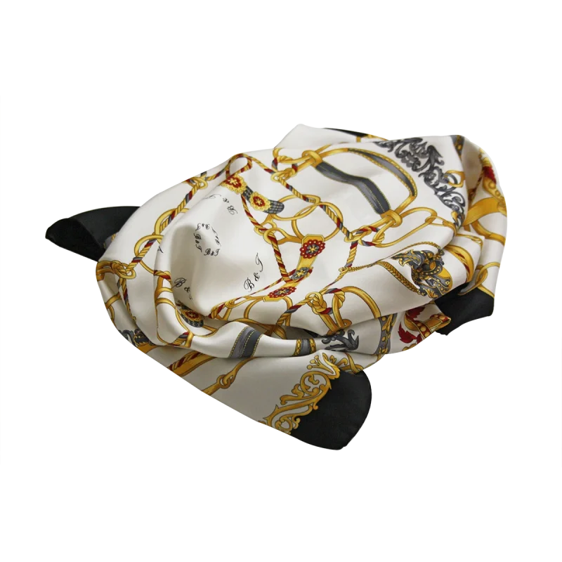 Foulard in Seta Anelli e Corde Nero Drappeggiato FCB30 foulard da donna in seta con bordo nero e fantasia anelli e corde drappeggiato