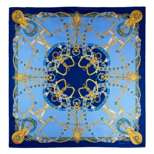 Foulard donna 90x90 in seta di Como fantasia catene e nastri azzurro cielo e blu royal