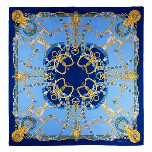 Foulard donna 90x90 in seta di Como fantasia catene e nastri azzurro cielo e blu royal