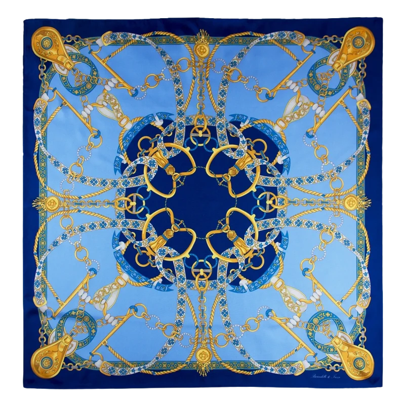 Foulard donna 90x90 in seta di Como fantasia catene e nastri azzurro cielo e blu royal