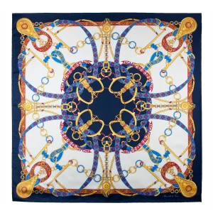 Foulard donna 90x90 in seta con fantasia catene e nastri blu navy rosso rubino e oro