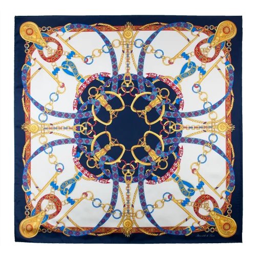 Foulard donna 90x90 in seta con fantasia catene e nastri blu navy rosso rubino e oro