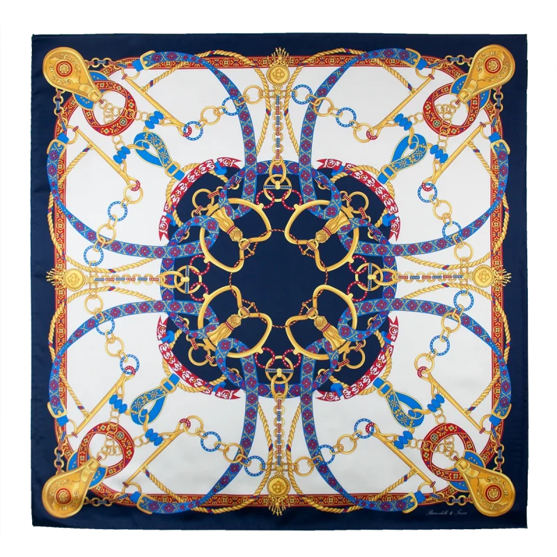 Foulard donna 90x90 in seta con fantasia catene e nastri blu navy rosso rubino e oro